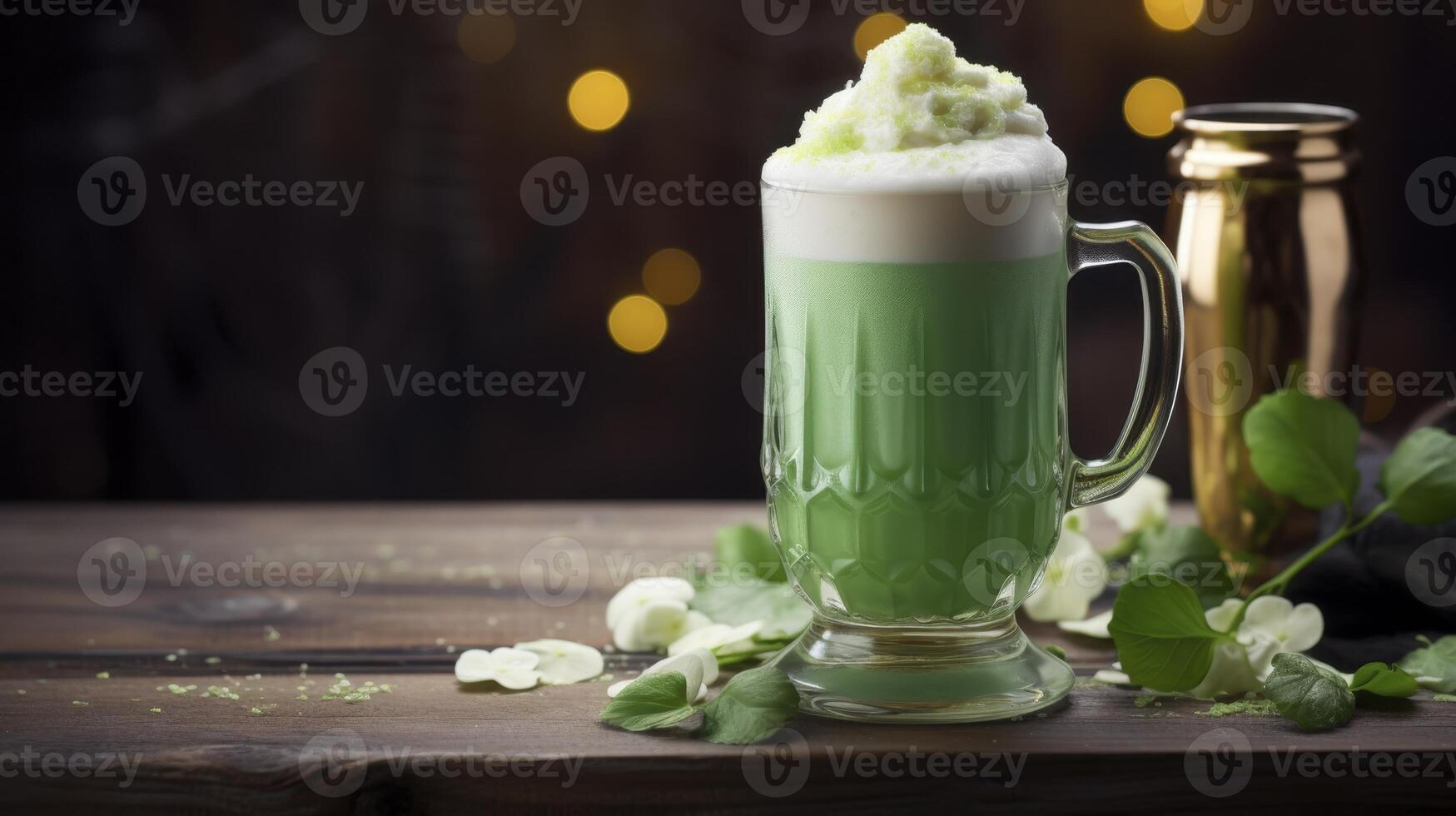 A green drink in a glass with a leaf on the table photo