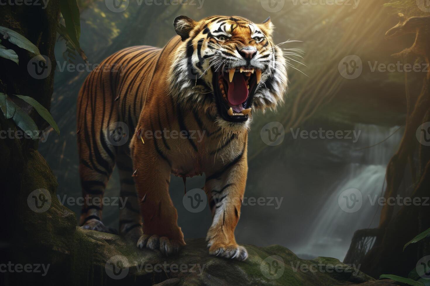 A tiger is standing on a rock in a jungle photo