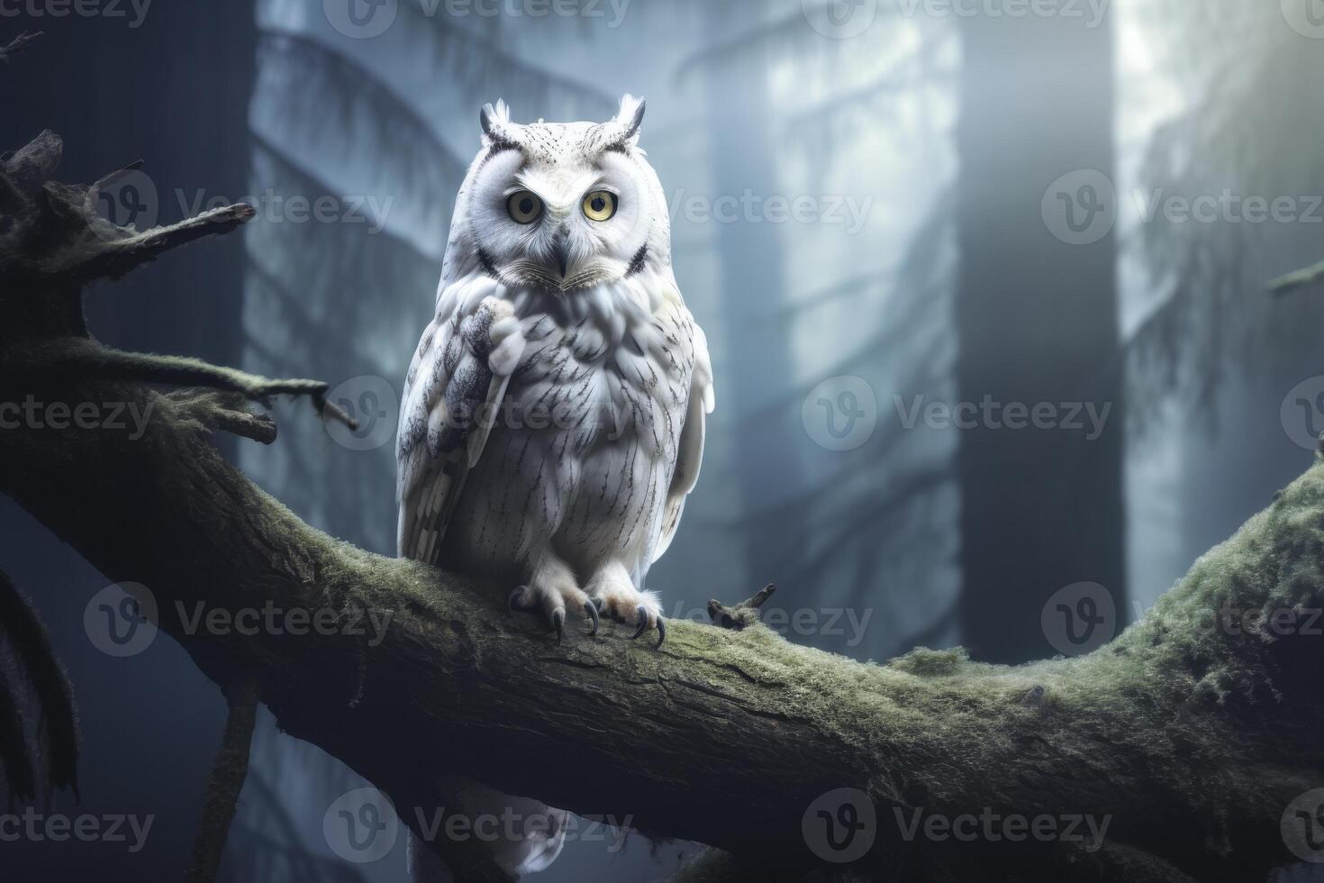 White owl is perched on a tree branch photo