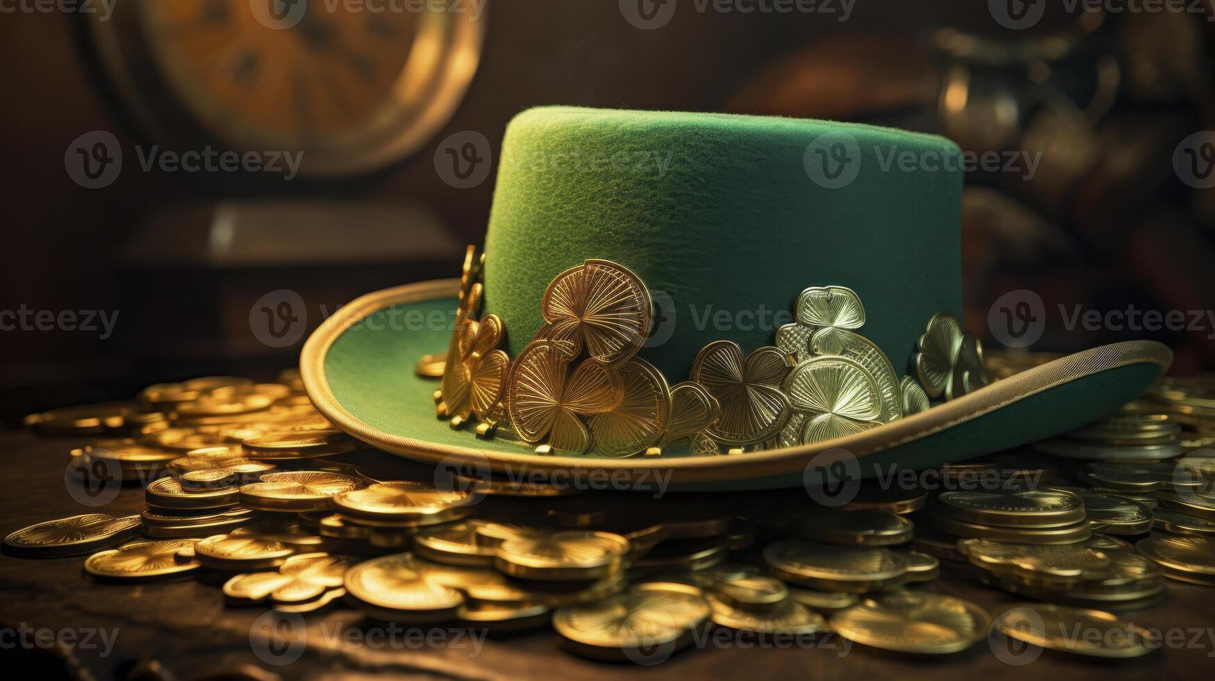 A green hat with gold decorations sits on top of a pile of gold coins photo