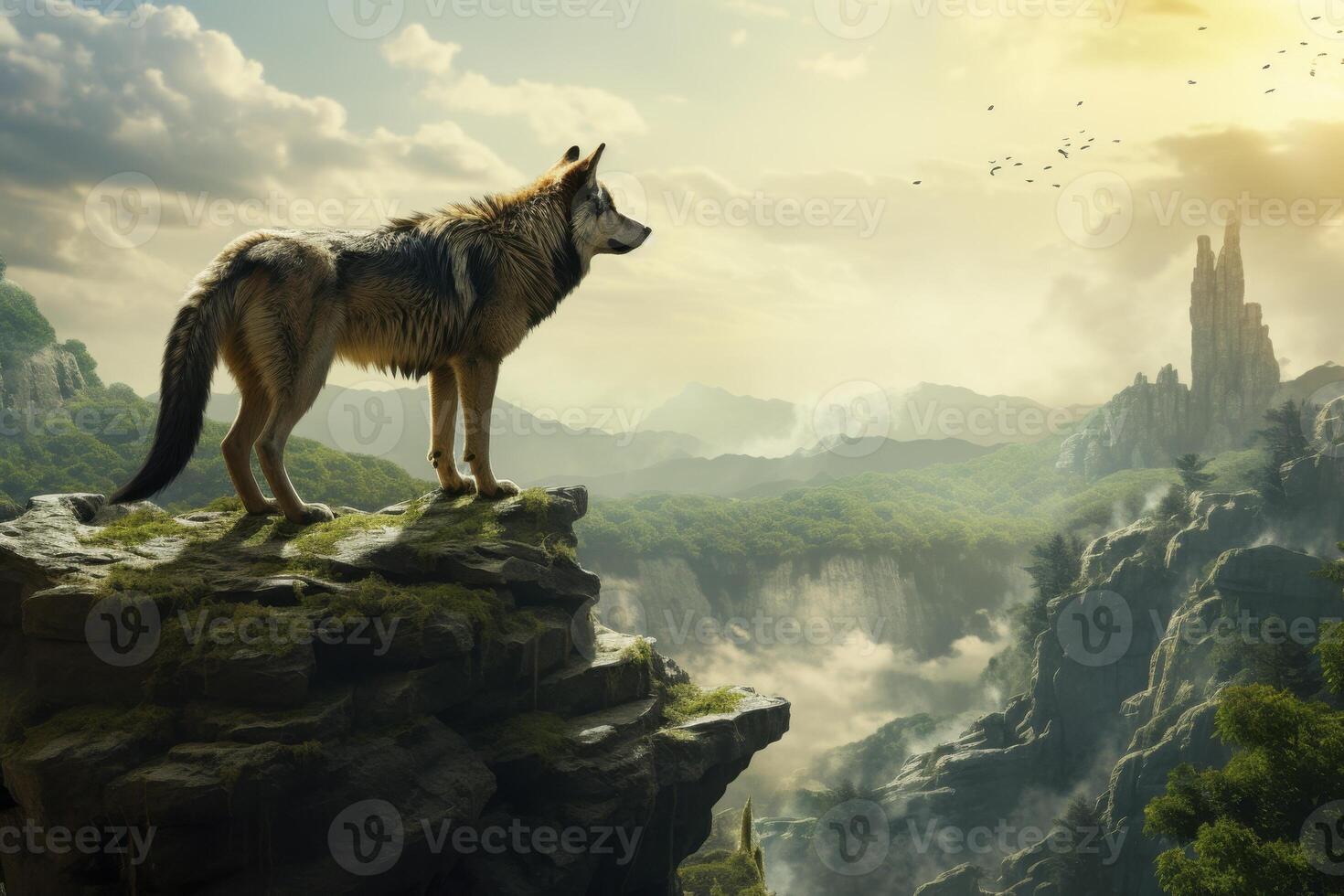 A wolf is standing on a mountain top photo