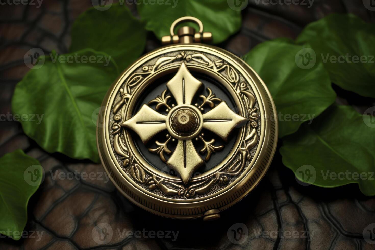 A gold and black pocket watch with a cross on it photo