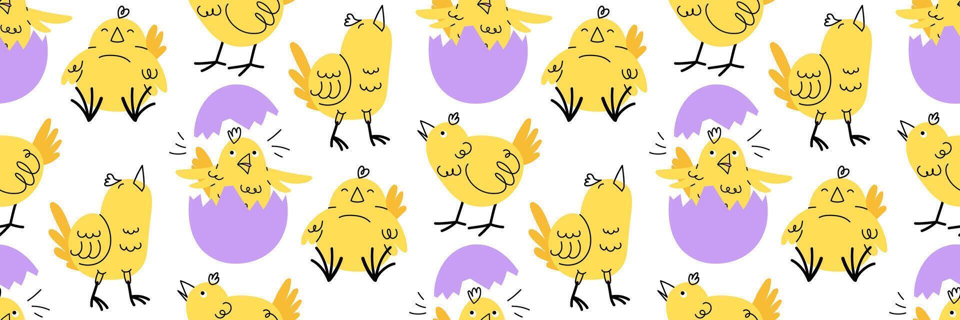 Funny Easter seamless pattern with cute yellow chick in various poses. Funny doodle character in broken egg. Horizontal festive background. flat illustration. vector