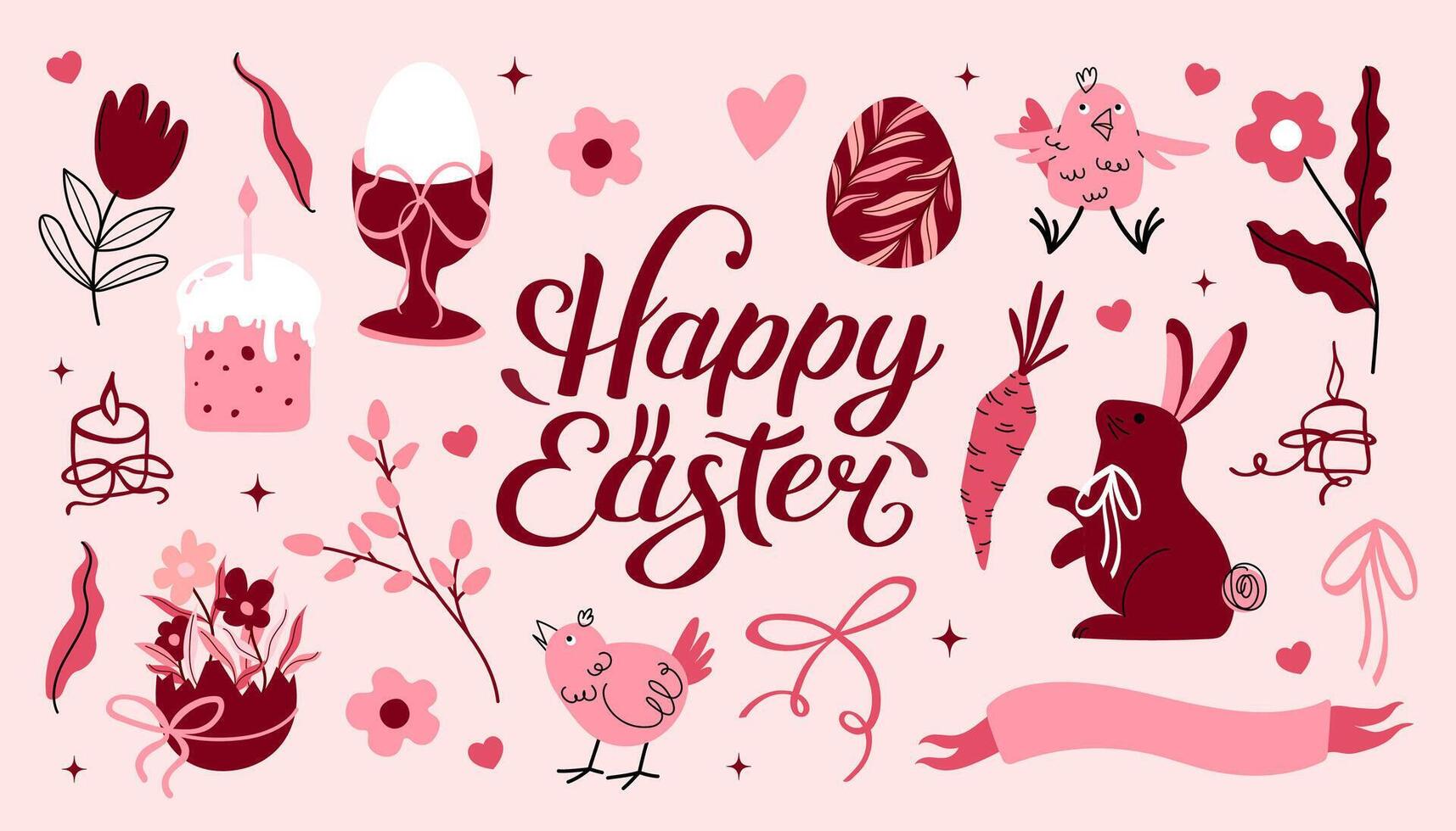 Happy Easter set with rabbit, egg, festive cake, chicken and willow and flowers. Trendy modern flat illustration in coquette Aesthetic style. vector