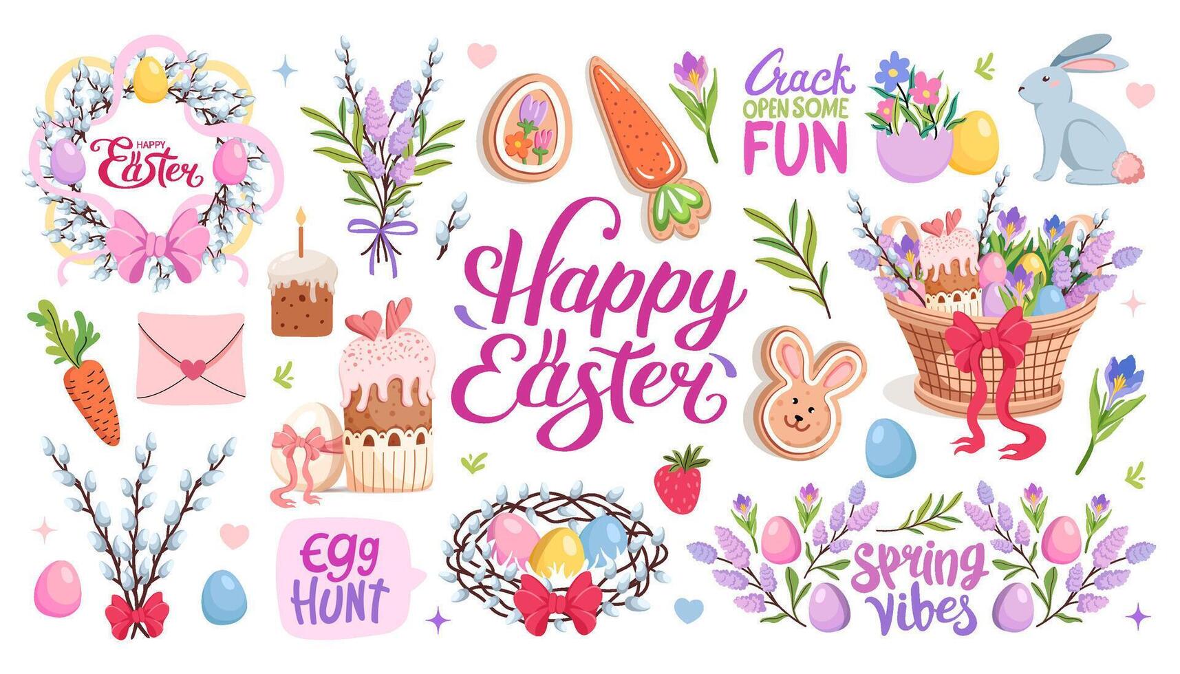 Happy Easter set. Spring collection of flowers and decorations, lettering. Basket with Easter eggs and cake. Willow branch, flowers and nest. Handmade cookies. flat illustration. vector