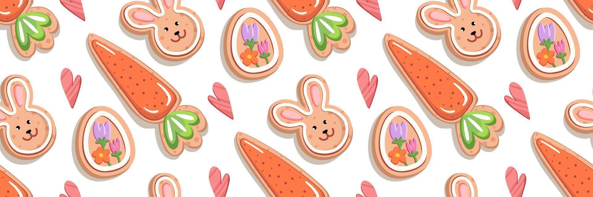 Cute Easter pattern with handmade cookies in form of bunny, carrot and egg. Festive gingerbread cookie with icing. Spring background for holiday greeting, invitation. flat illustration. vector