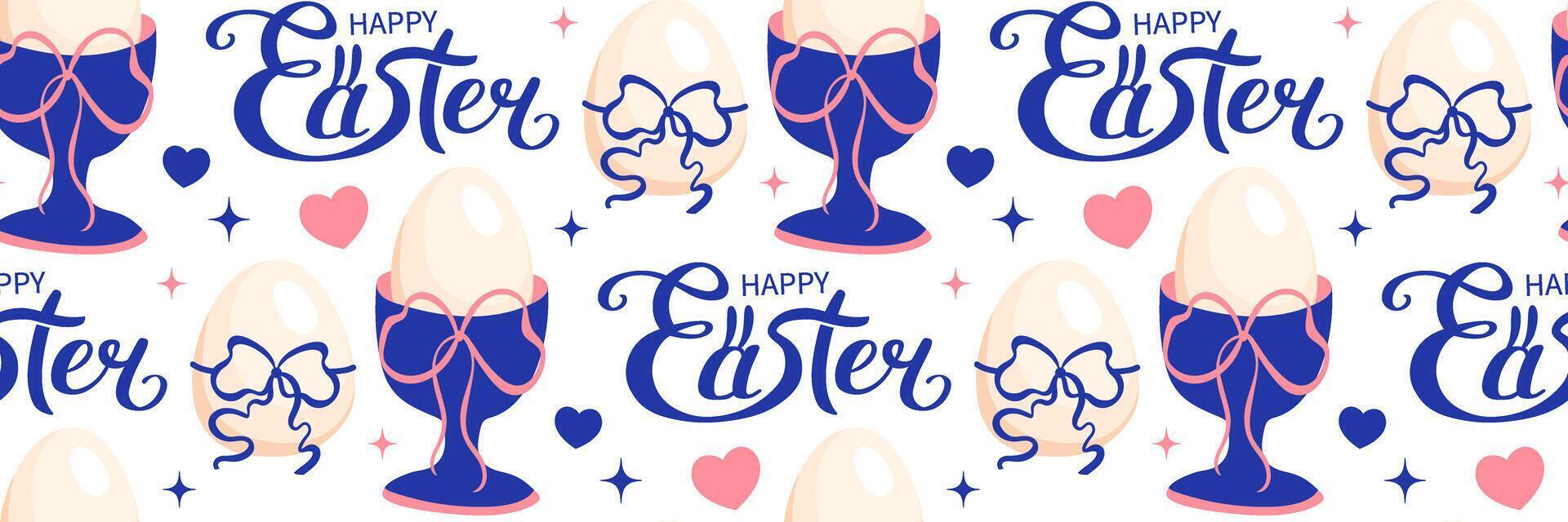 Modern Easter seamless pattern with egg cap and ribbon bow. Trendy colors blue and pink colors. Coquette Aesthetic style. Elegant illustration. vector