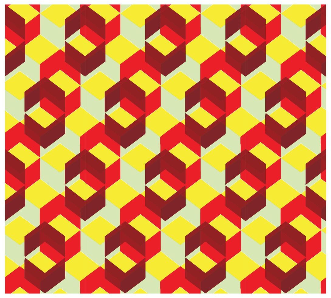 A repeating pattern of 3 dimensional hexagonal shapes in red, yellow, and pale green, creating a vibrant, optical illusion effect. vector