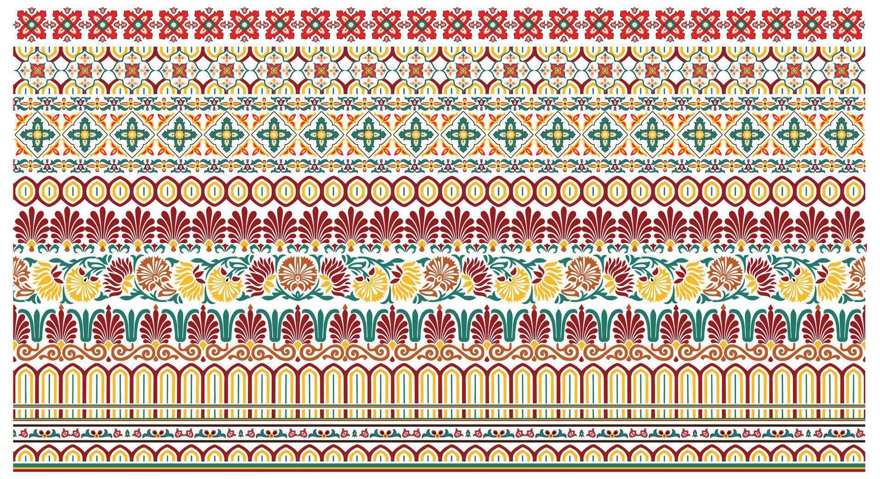 A vibrant, multi-layered pattern featuring floral and geometric designs in rich red, green, yellow, and white hues. vector