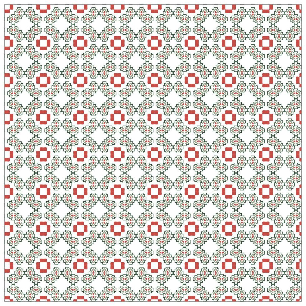 A repeating geometric pattern featuring red and green floral motifs against a white background. vector