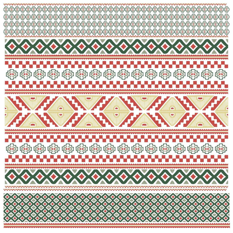 A vibrant textile pattern featuring repeating geometric designs in red, green, and gold, arranged in horizontal stripes. vector