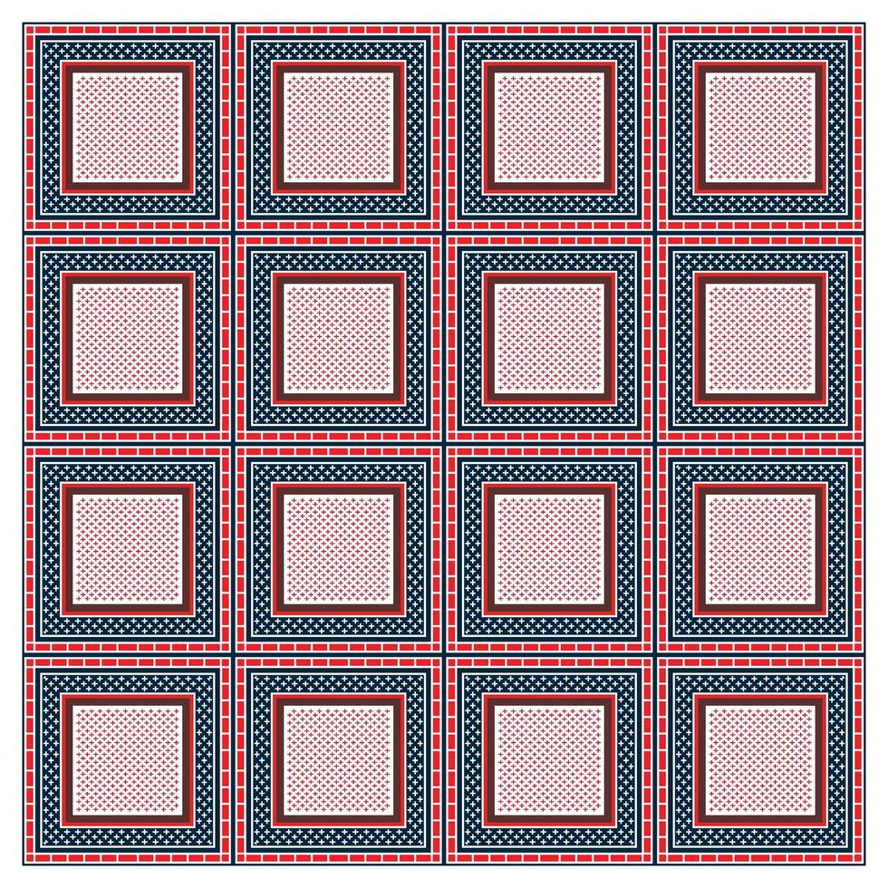 A vibrant textile pattern featuring a grid of squares with layered borders in red, navy, and pink tones, adorned with polka dots and stars. vector
