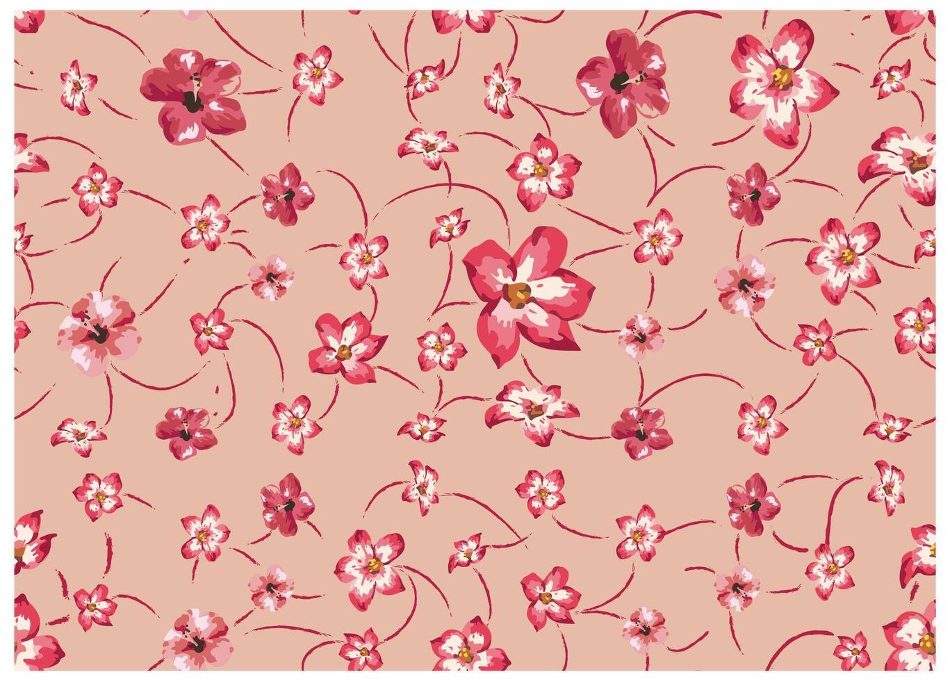 A delicate floral pattern featuring pink and red flowers with green stems on a soft beige background. vector