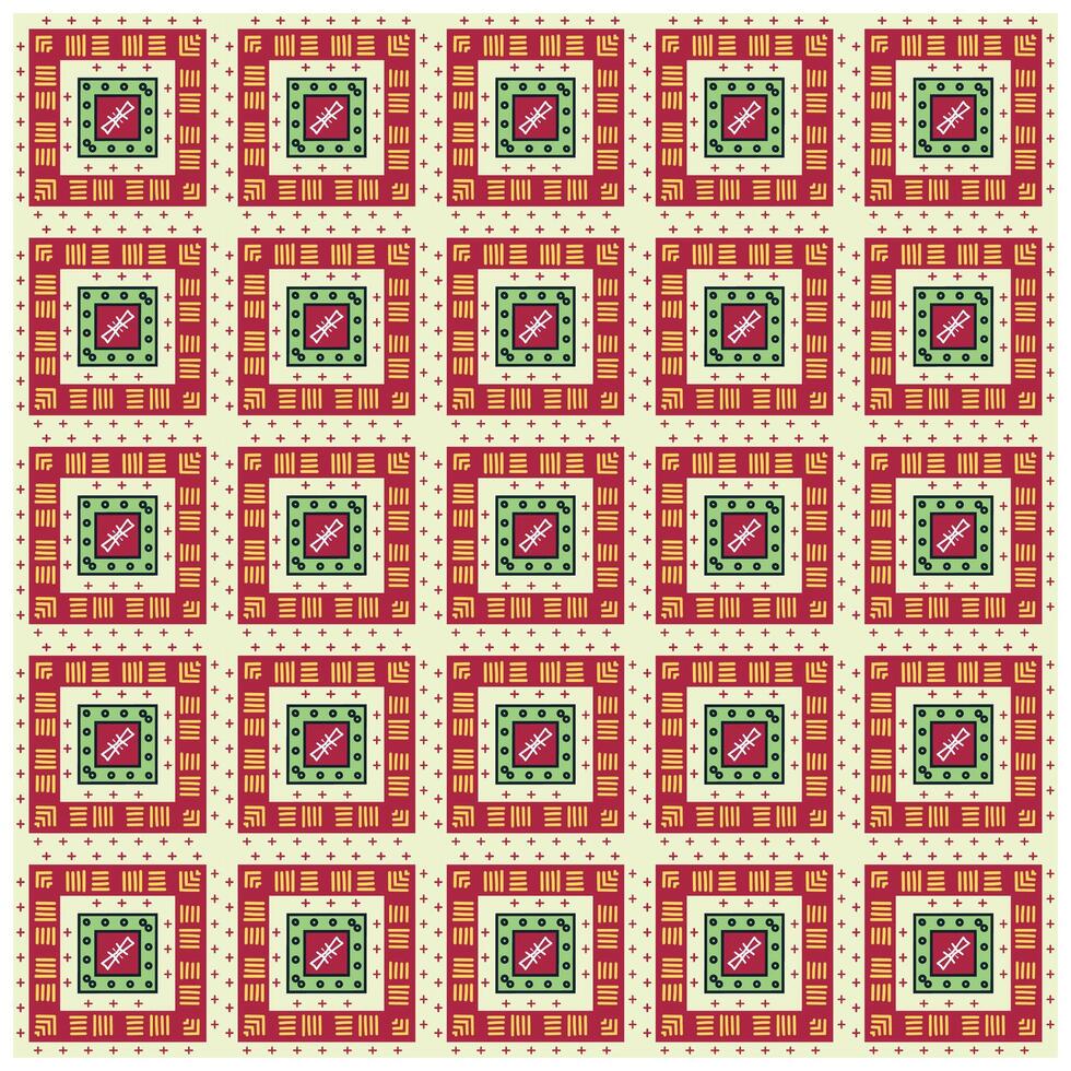 A repeating geometric pattern featuring squares in red, green, and black, with intricate designs and a central motif resembling a syringe. vector