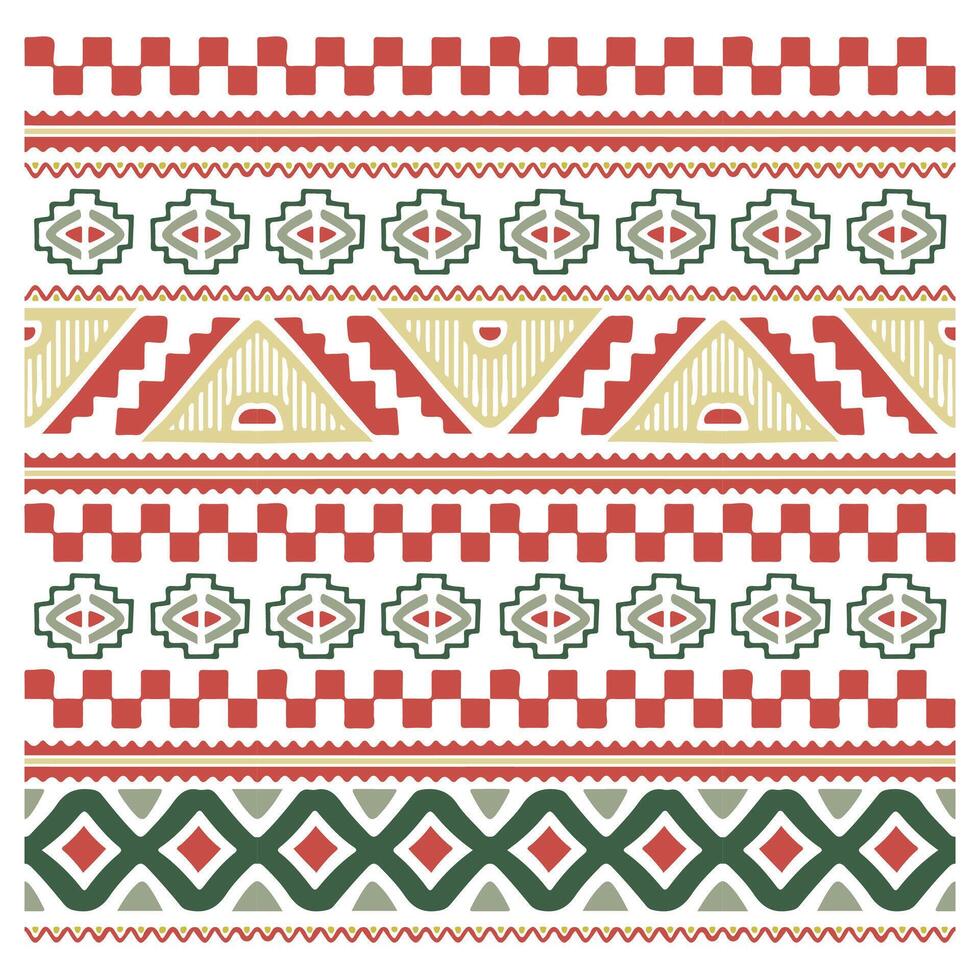 Colorful geometric patterns in red, green, and gold, featuring zigzags, diamonds, and floral motifs on a white background. vector