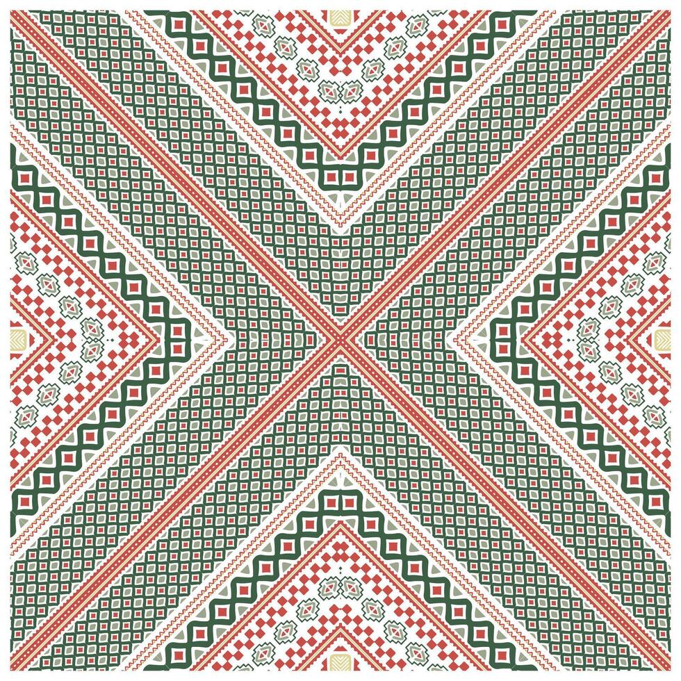 A symmetrical textile pattern with interlocking diamonds in green, red, and white, featuring intricate geometric designs and borders. vector
