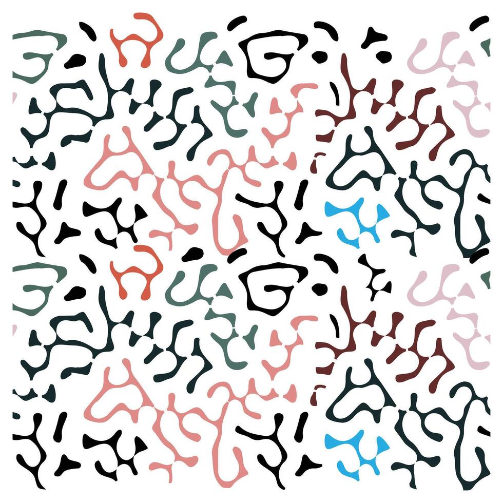 Abstract pattern of colorful organic shapes and lines in shades of pink, green, blue, and black on a white background. vector