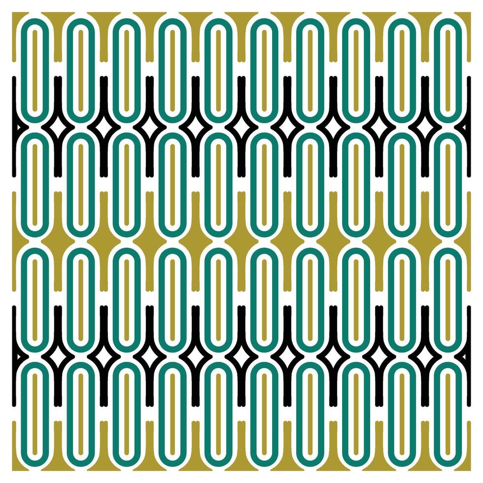 A geometric pattern featuring interlocking shapes in green, black, gold, and white, creating a modern, retro visual effect. vector