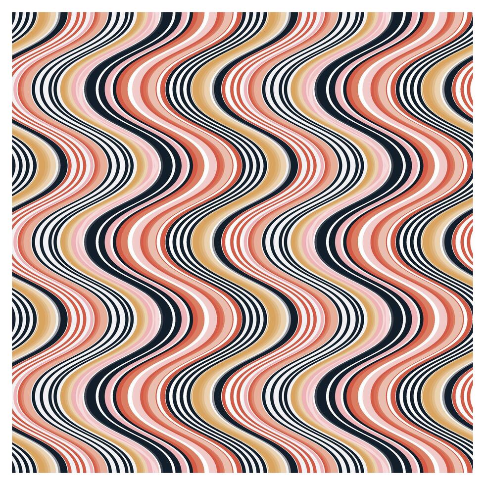 A vibrant, wavy pattern featuring bold lines in coral, gold, black, and white, creating a dynamic, fluid design. vector