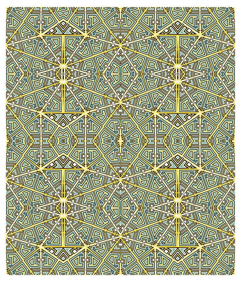 Intricate geometric pattern with turquoise and gold accents, featuring interlocking shapes and star like motifs throughout. vector