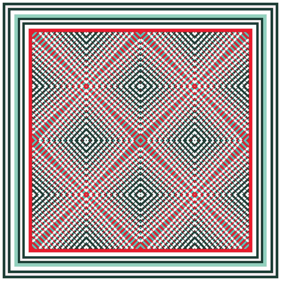 A vibrant geometric pattern featuring interwoven red, black, and turquoise lines within a series of concentric frames. vector
