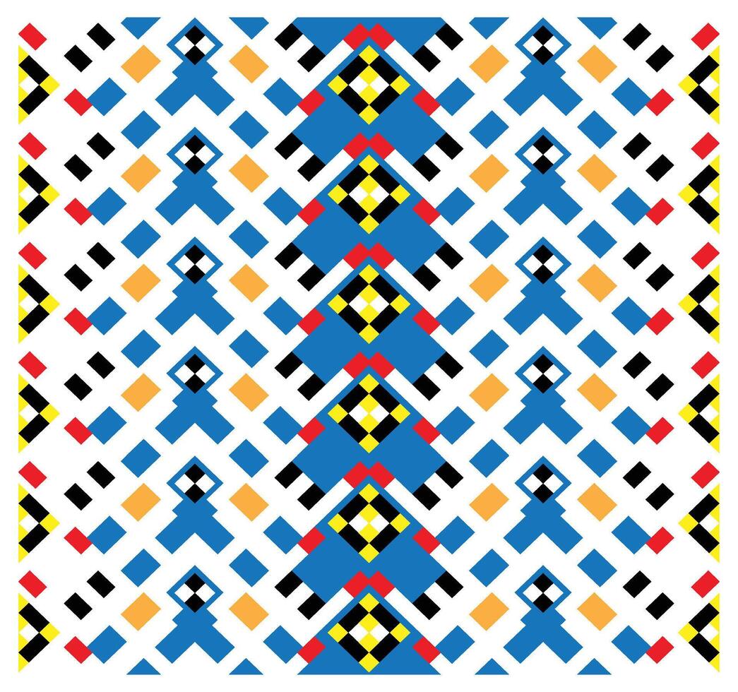 A vibrant geometric pattern featuring blue, black, yellow, red, and orange shapes in a repetitive diamond arrangement on a white background. vector