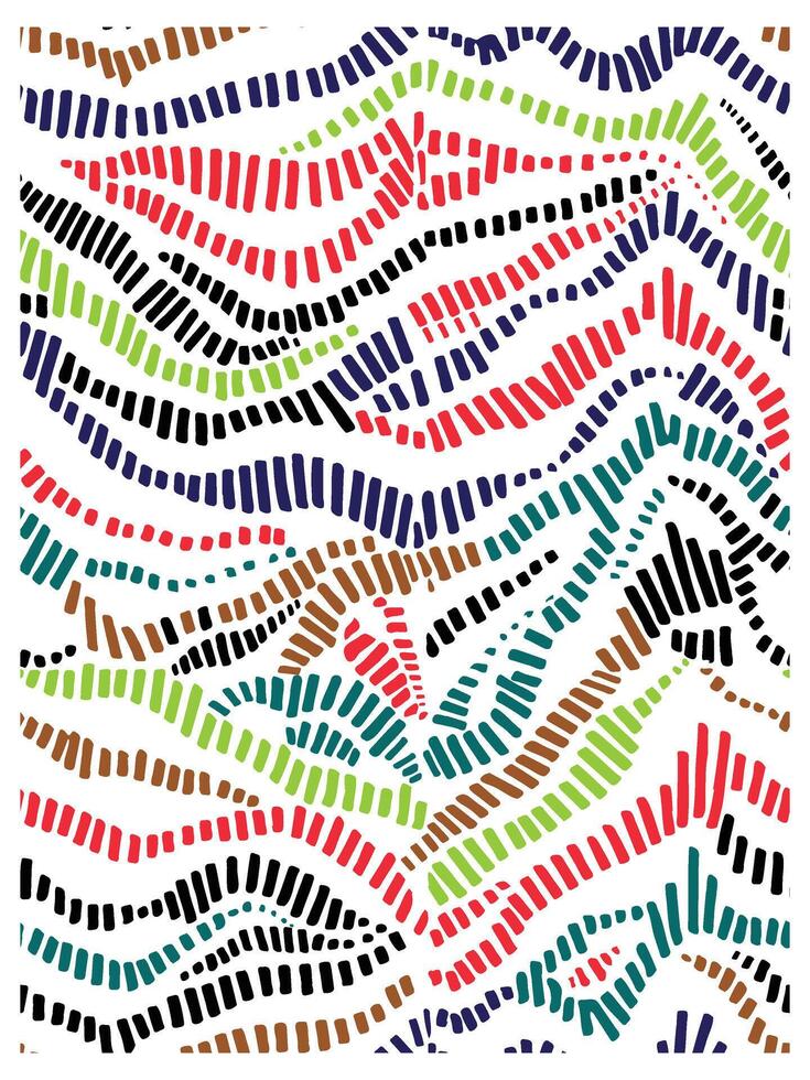 Colorful abstract pattern of wavy lines and blocks in vibrant hues of red, green, blue, black, and brown against a white background. vector