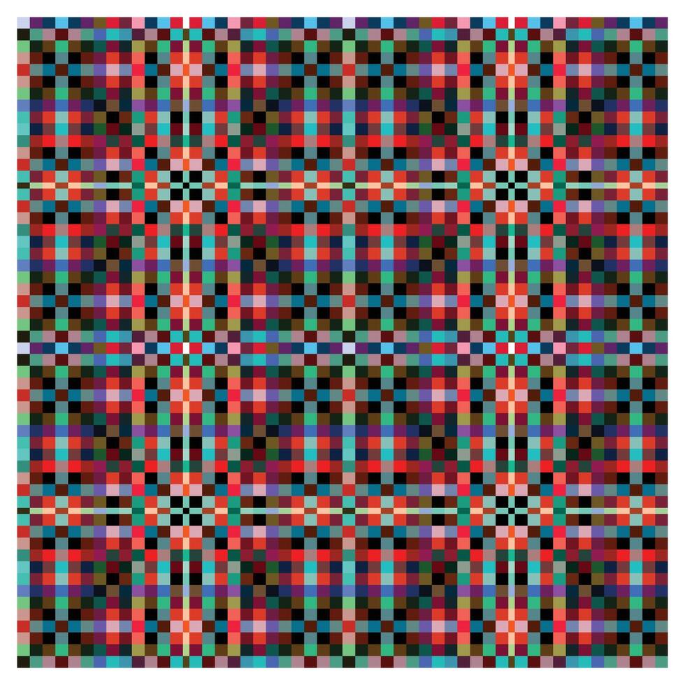 Abstract pixelated pattern featuring vibrant colors of red, black, cyan, and green, forming a symmetrical grid design. vector