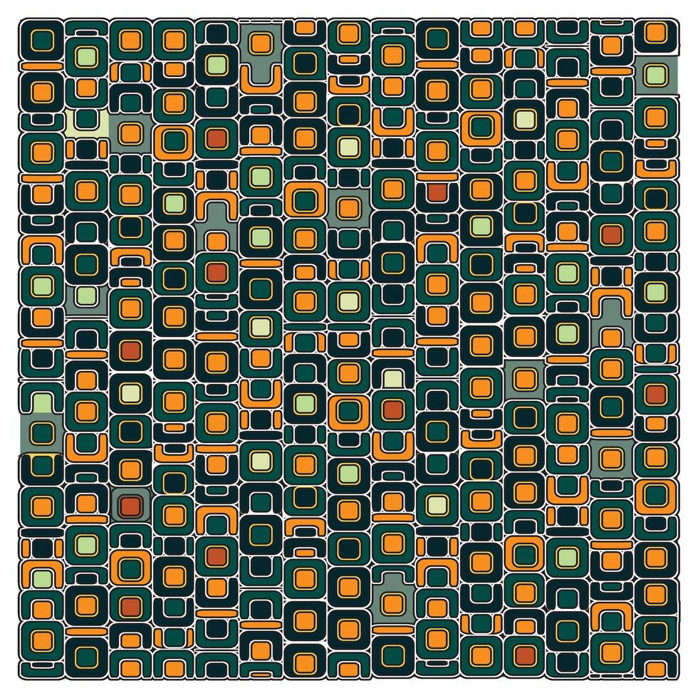 A colorful, geometrical pattern featuring squares in green, orange, and teal with black outlines, creating a vibrant mosaic effect. vector