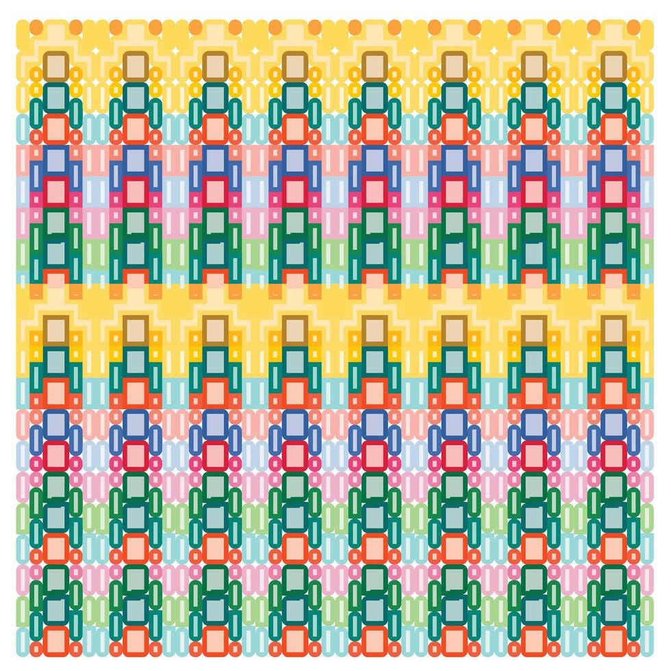 A vibrant geometric pattern featuring layered shapes in various colors, arranged in alternating rows with a lively, abstract design. vector
