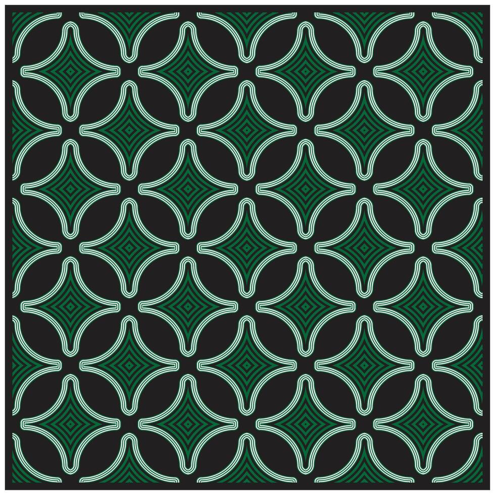 A geometric pattern featuring interlocking star shapes outlined in mint green on a black background. vector