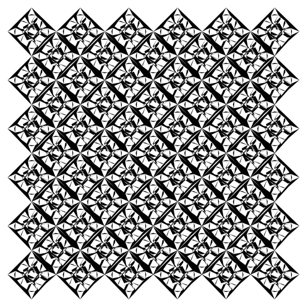 Intricate black and white geometric pattern featuring diamond shapes with floral designs, creating a visually striking tessellation. vector