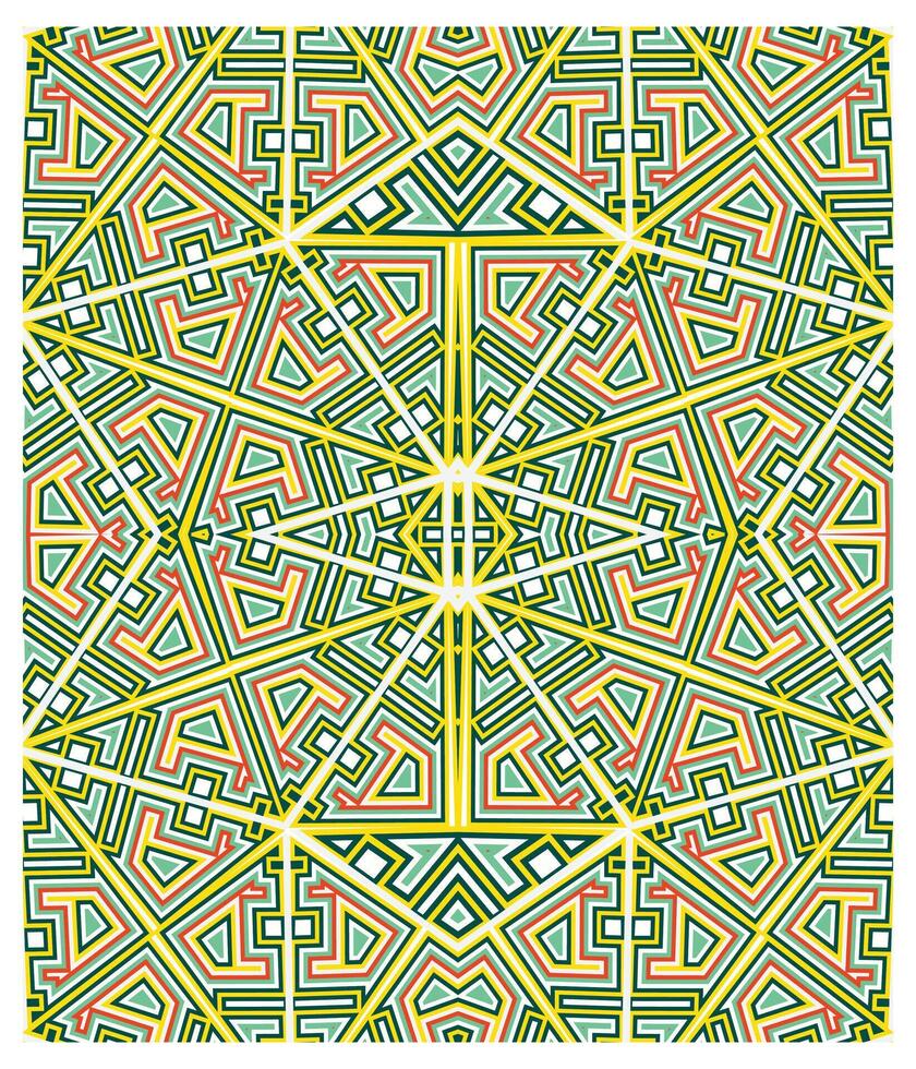 Intricate geometric pattern featuring vibrant colors of green, red, and yellow, creating a dynamic and symmetrical design. vector