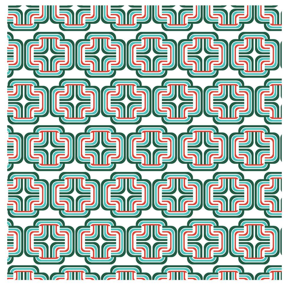 A vibrant geometric pattern featuring overlapping green, red, and white lines arranged in a repeating square design. vector