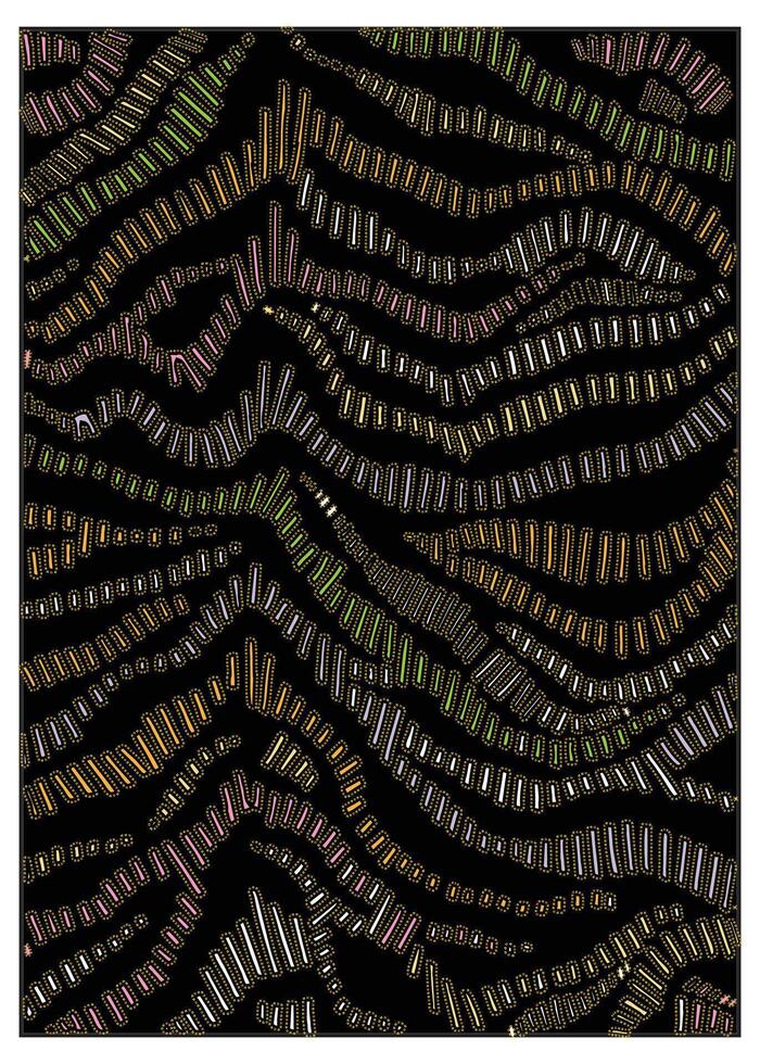 Abstract pattern of wavy, colorful lines in pink, green, orange, and white on a black background, resembling flowing ribbons or strands. vector