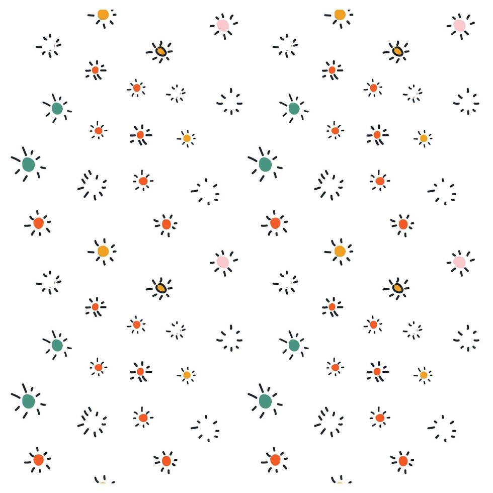 A playful pattern of colorful stylized flowers and suns in red, green, yellow, and pink, set against a white background. vector