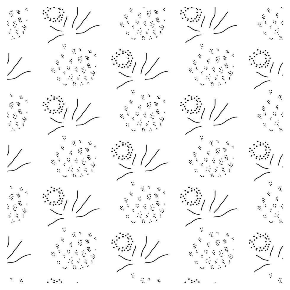 A repeating pattern of black outlines depicting abstract floral shapes with dots and curved lines on a white background. vector