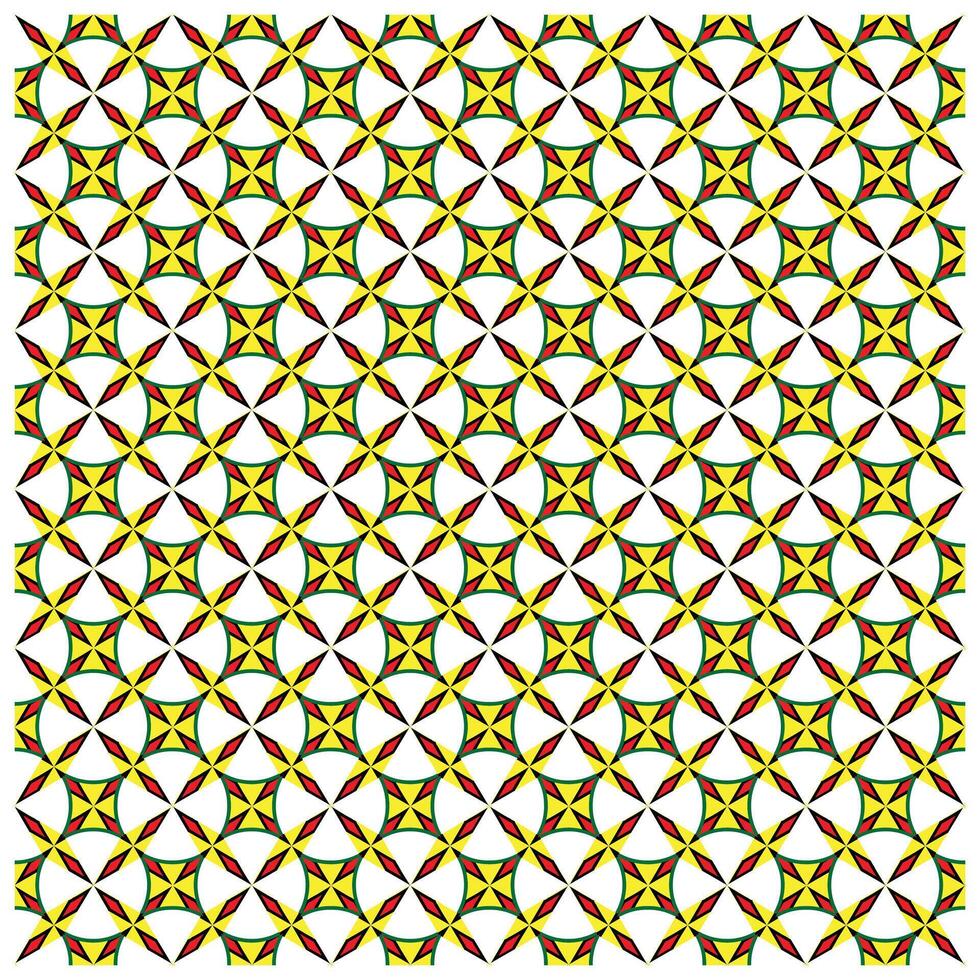 Repeating geometric pattern featuring star shapes in green, yellow, and red, set against a white background. vector