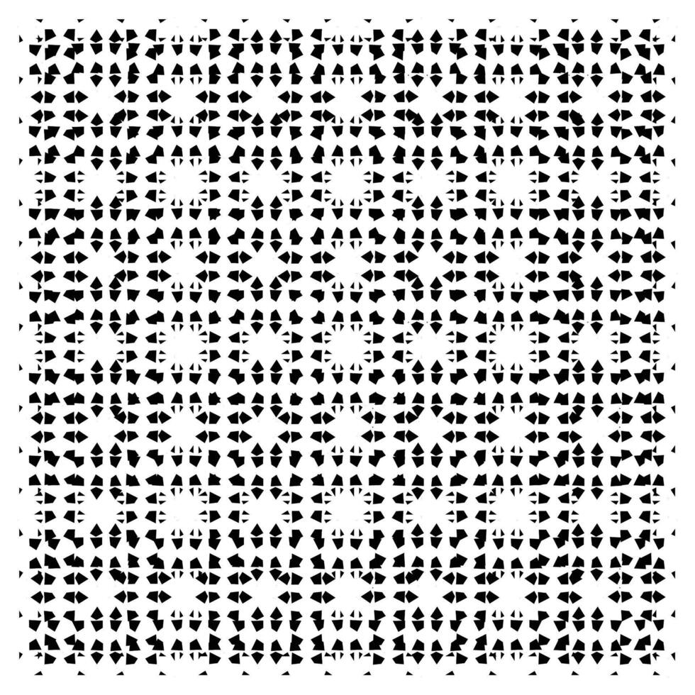 A black and white geometric pattern composed of various shapes arranged in a repetitive, symmetrical grid formation. vector