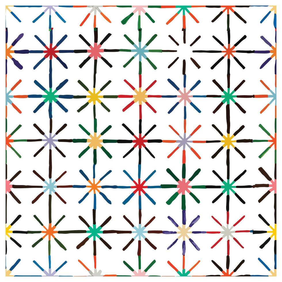 A colorful pattern of star-like shapes on a white background, arranged in a grid with varying colors and black outlines. vector