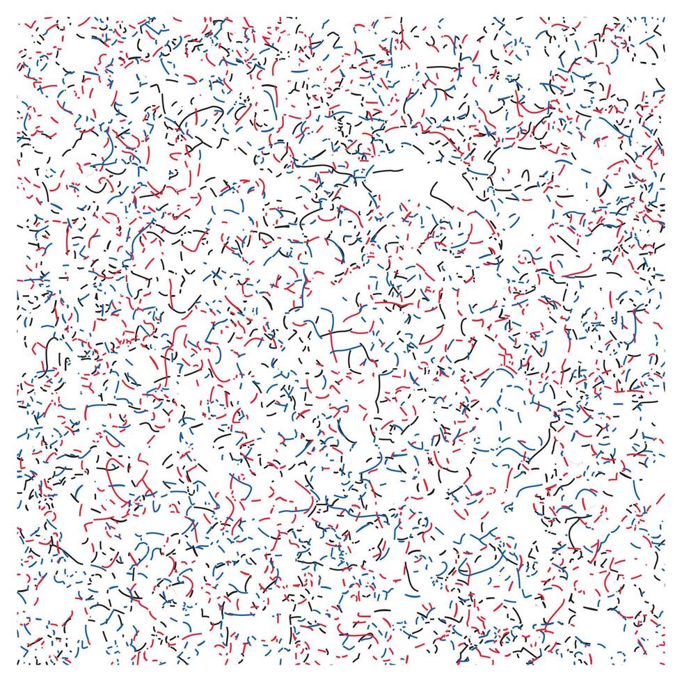 A chaotic array of intertwining red, blue, and black lines on a white background, creating a vibrant abstract pattern. vector