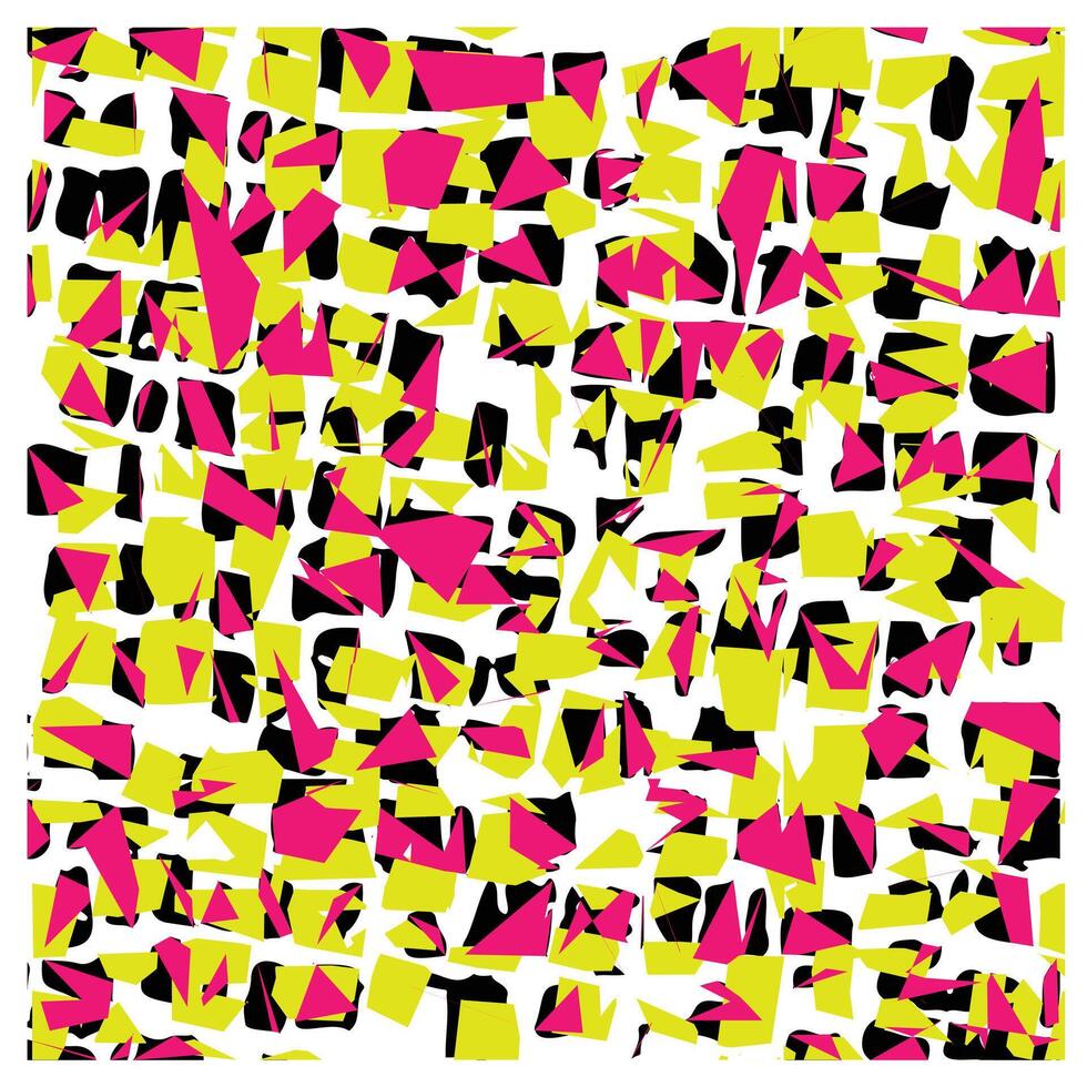 Abstract pattern of irregular shapes in bright pink, neon yellow, and black on a white background, creating a vibrant visual texture. vector