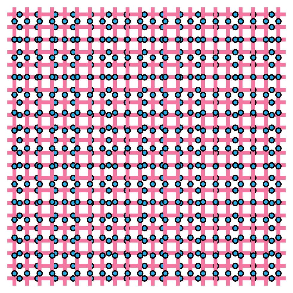 A colorful geometric pattern featuring pink squares, blue circles, and black lines arranged in a grid-like design. vector