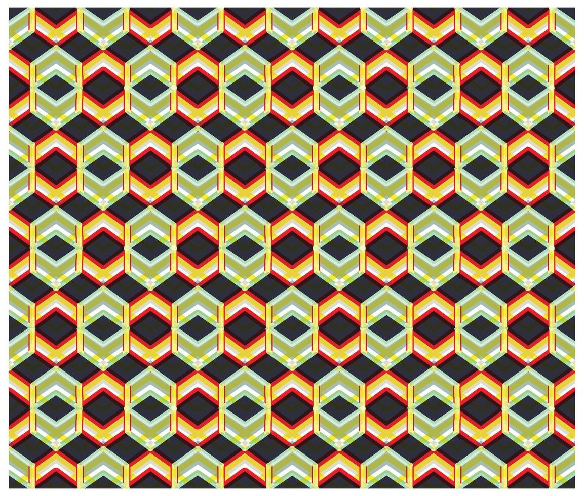 A repeating geometric pattern featuring hexagonal shapes in vibrant colors of red, yellow, green, and gray against a dark background. vector
