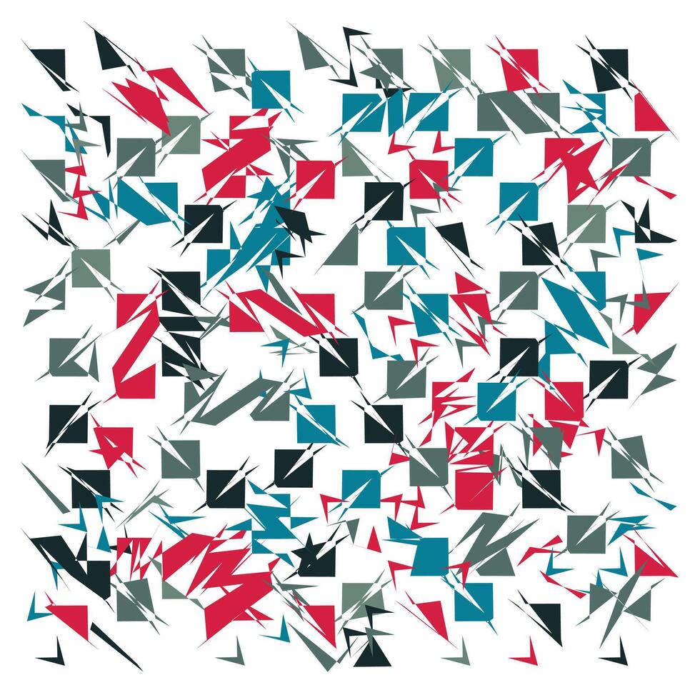 A vibrant abstract pattern featuring a chaotic arrangement of geometric shapes in red, black, teal, and gray against a white background. vector