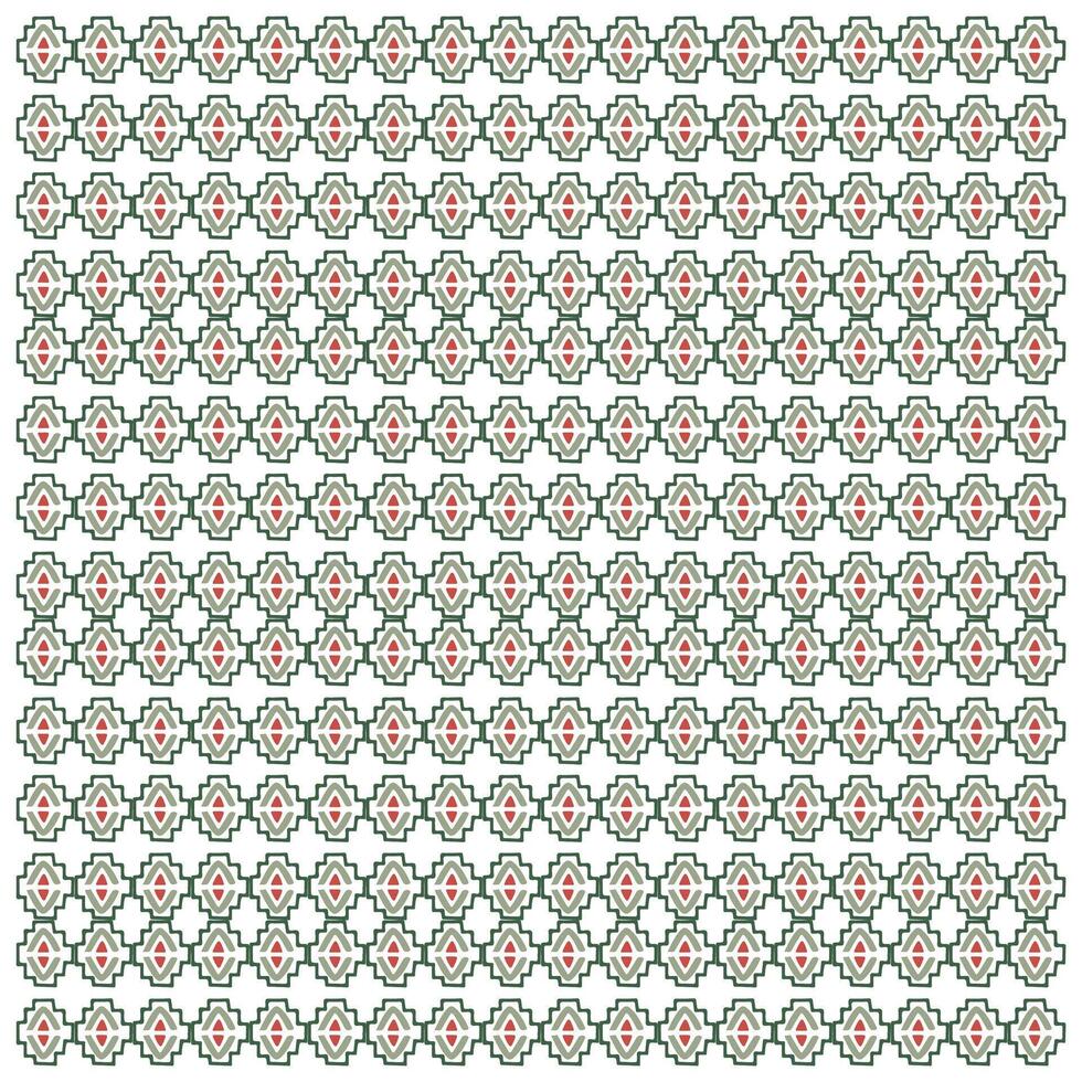 A repetitive pattern of green, pink, and white geometric shapes, resembling floral motifs, arranged in uniform rows. vector