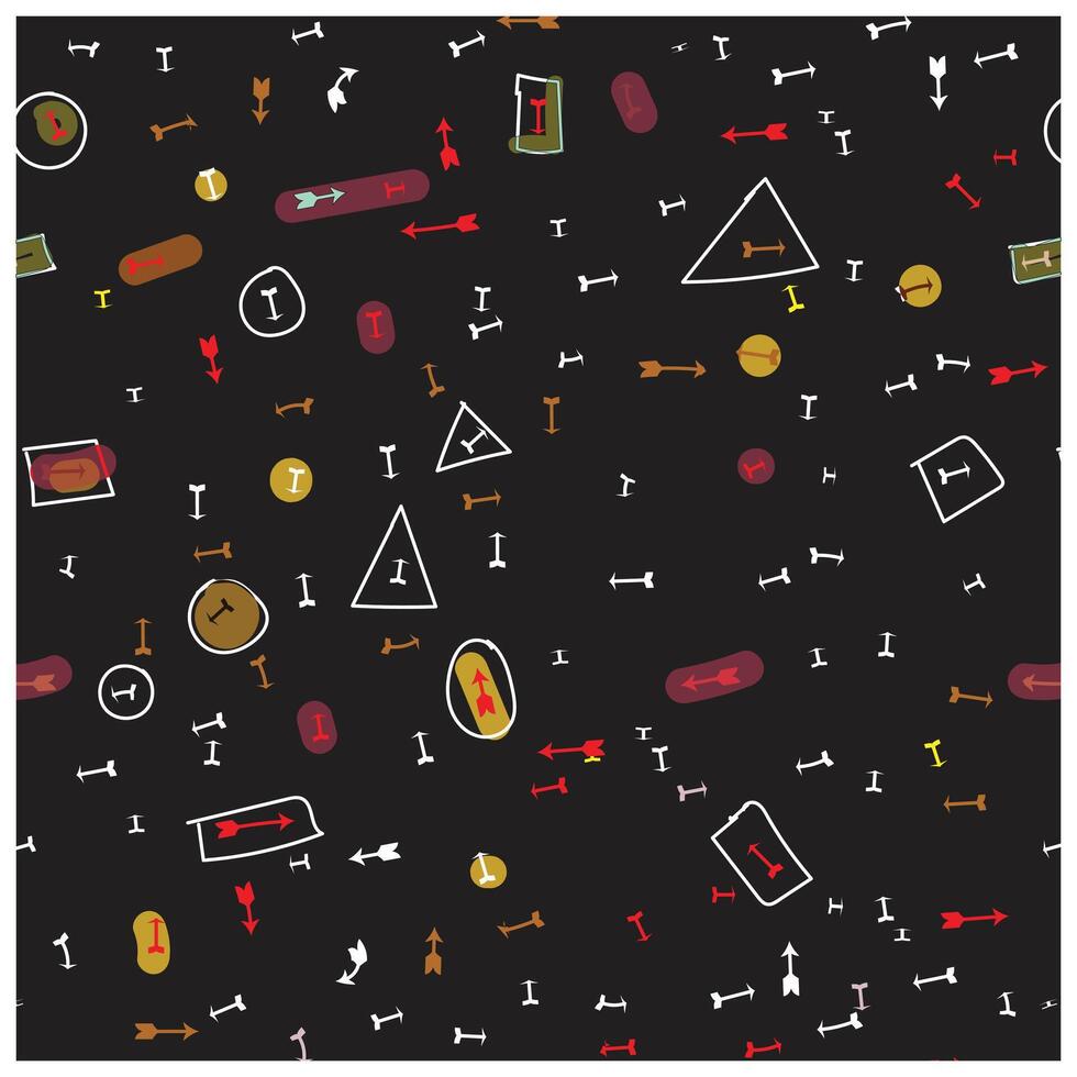 A vibrant black background filled with various colorful abstract shapes and arrows in red, yellow, green, and white. vector