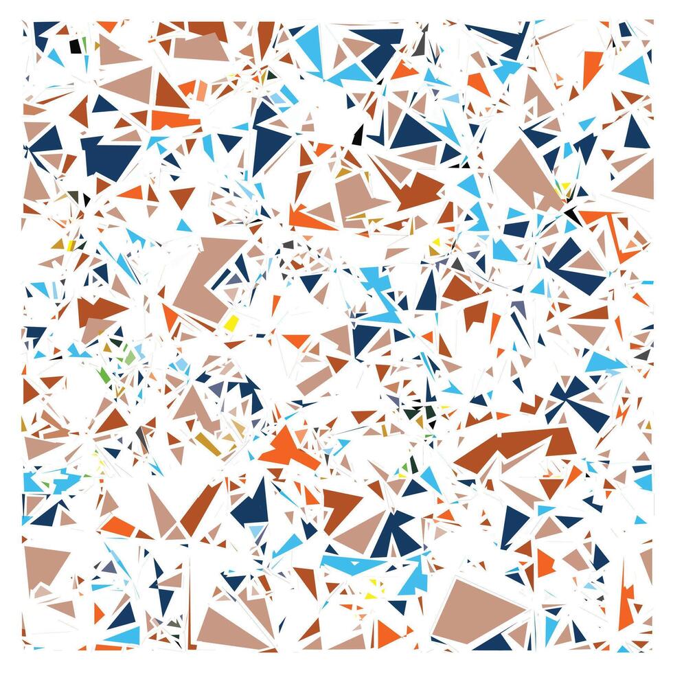 An abstract collage of colorful geometric shapes, including triangles in shades of blue, orange, brown, and white, layered on a light background. vector