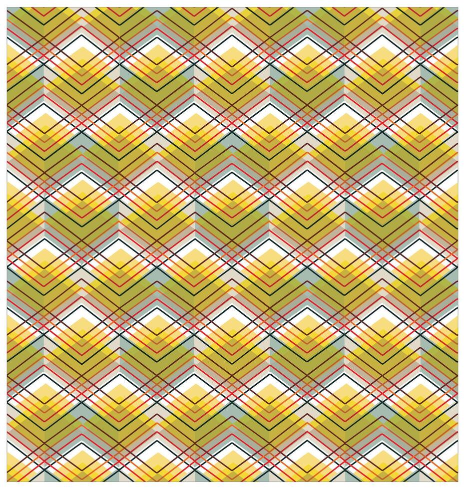 Repeating geometric pattern of yellow, green, and red chevrons with intersecting lines on a white background. vector