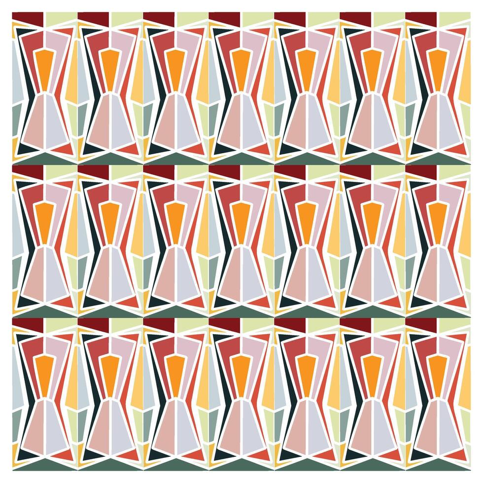 A colorful geometric pattern featuring repeated diamond and hourglass shapes in red, orange, pink, green, and cream tones. vector